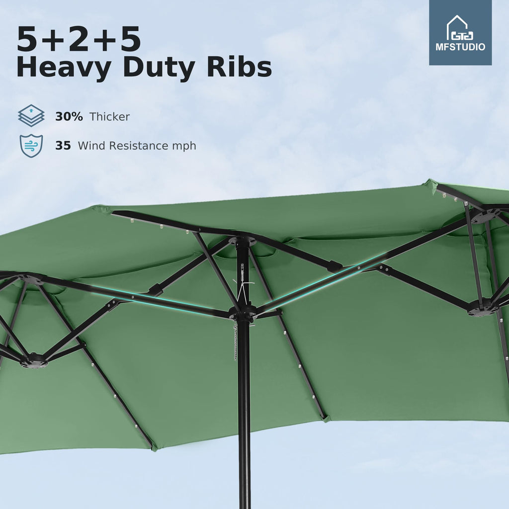 15ft Double Sided Patio Umbrella with Solar Lights, Outdoor Large Umbrellas with Crank Handle and 36 LED Lights, Rectangular Market Umbrella with Base Included for Deck Pool Shade, Mint Green