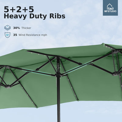 15ft Double Sided Patio Umbrella with Solar Lights, Outdoor Large Umbrellas with Crank Handle and 36 LED Lights, Rectangular Market Umbrella with Base Included for Deck Pool Shade, Mint Green