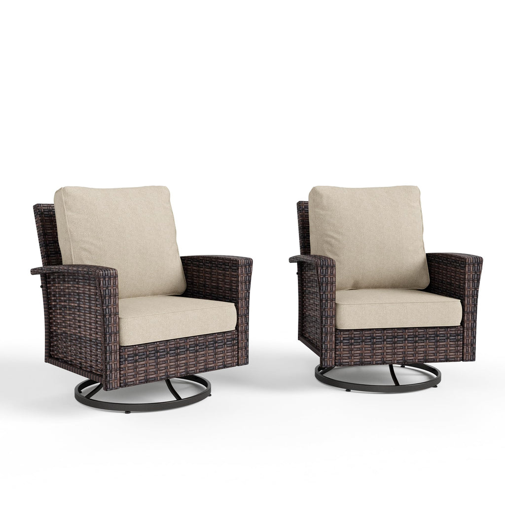 Outdoor Furniture, 2 x High Back Swivel Patio Chairs with 5.5" Cushions Wicker Rattan Deck Balcony Porch Furniture, Beige