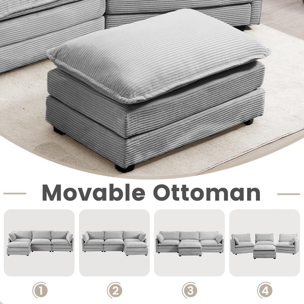 Oversized Modular Sectional Sofa with Movable Ottoman, 112 Inch 4 Seat Modern Corduroy Sofa Set, Convertible L Shaped Couch for Living Room and Office, Light Grey