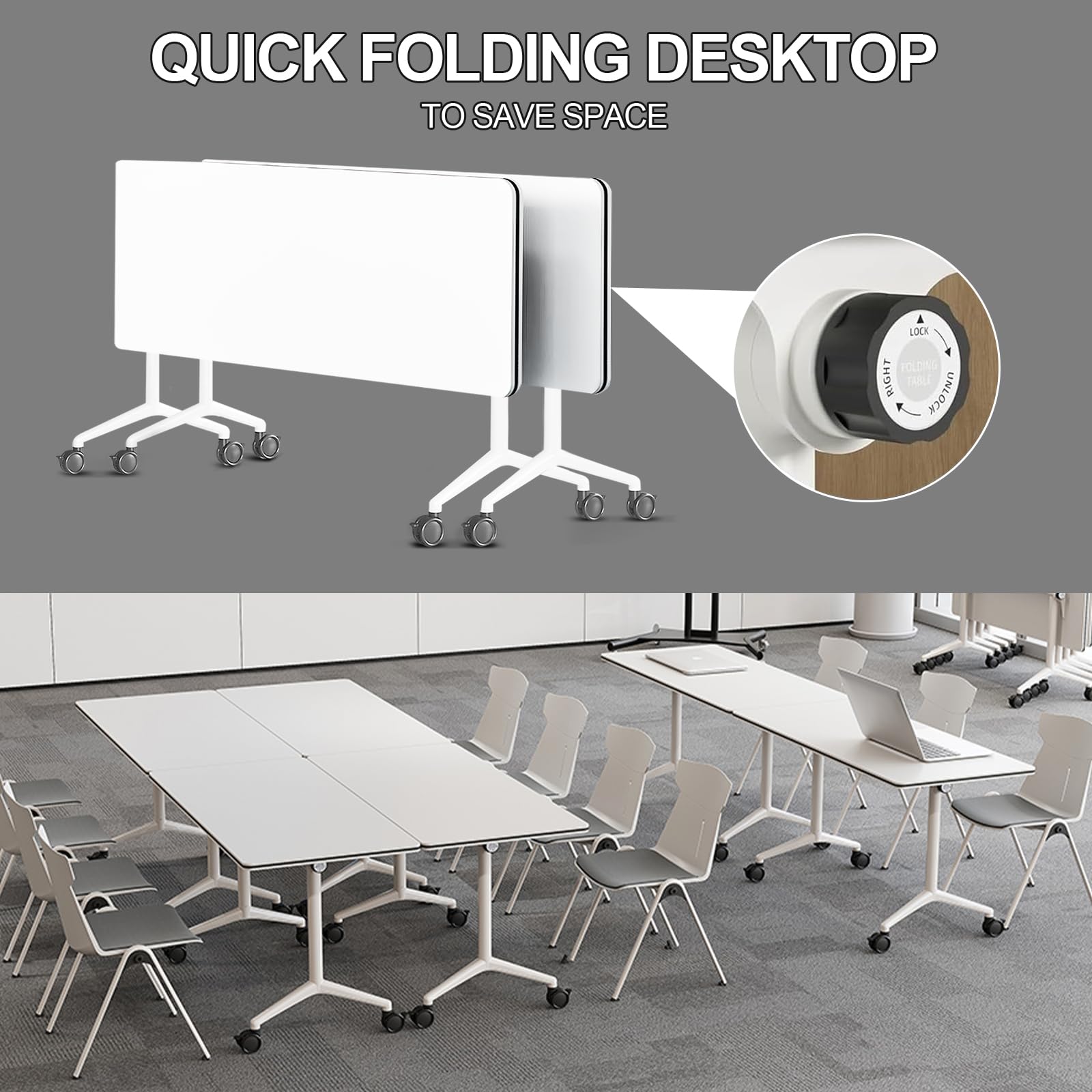 Folding Conference Room Tables 2 Pack, Foldable Modern Mobile Meeting Table Desk Training Table 6FT Large Rolling OfficeTable for Conference Training Classroom (2, 63" * 19.7" * 29.5")