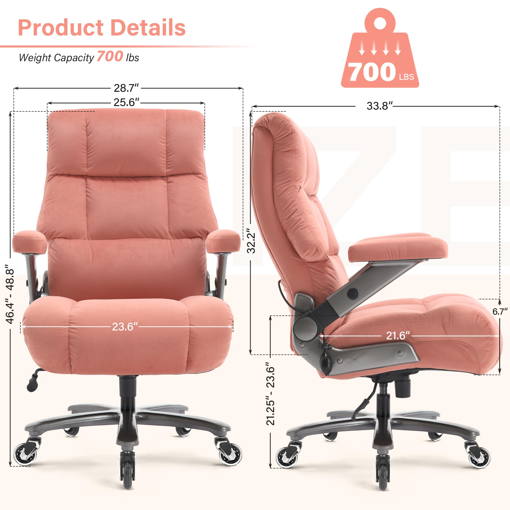 Big and Tall Office Chair 700lbs- Executive Desk Chair with Adjustable Lumbar Support 3D Flip UP Arms- Heavy Duty Quiet Wheels Metal Base Ergonomic Computer Chairs, Pink
