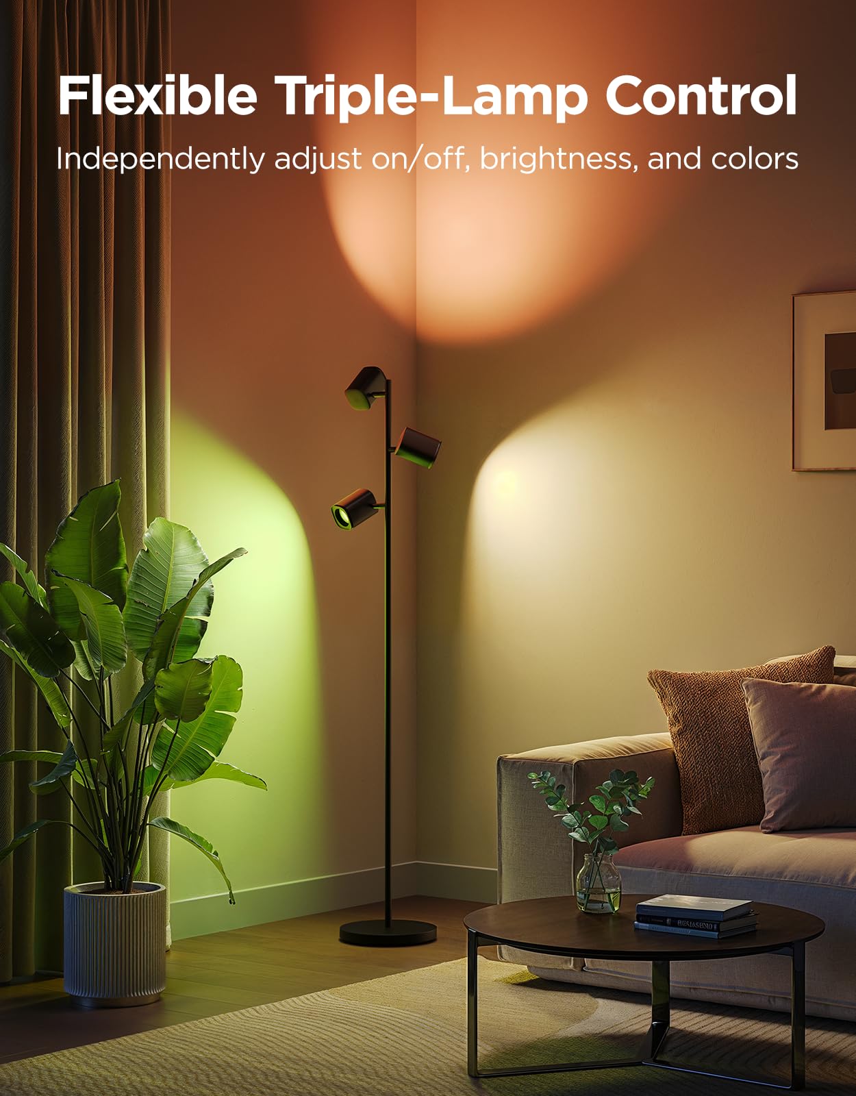Tree Floor Lamp Compatible with Matter, 3 Rotatable Lights with LuminBlend Technology, Standing Lamp with 64 Dynamic Scenes, Music Sync, Ideal Floor Lamp for Living Room, Bedroom, Office