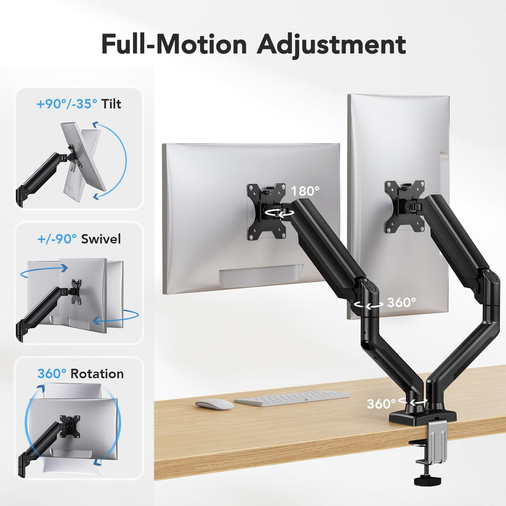 Dual Monitor Mount for 2 Monitors up to 30 inches, Each Arm Holds Max 22lbs, Dual Monitor Stand with Advanced System, Height-Adjustable/Tilt/Swivel/Rotate, VESA Standard 75mm or 100mm