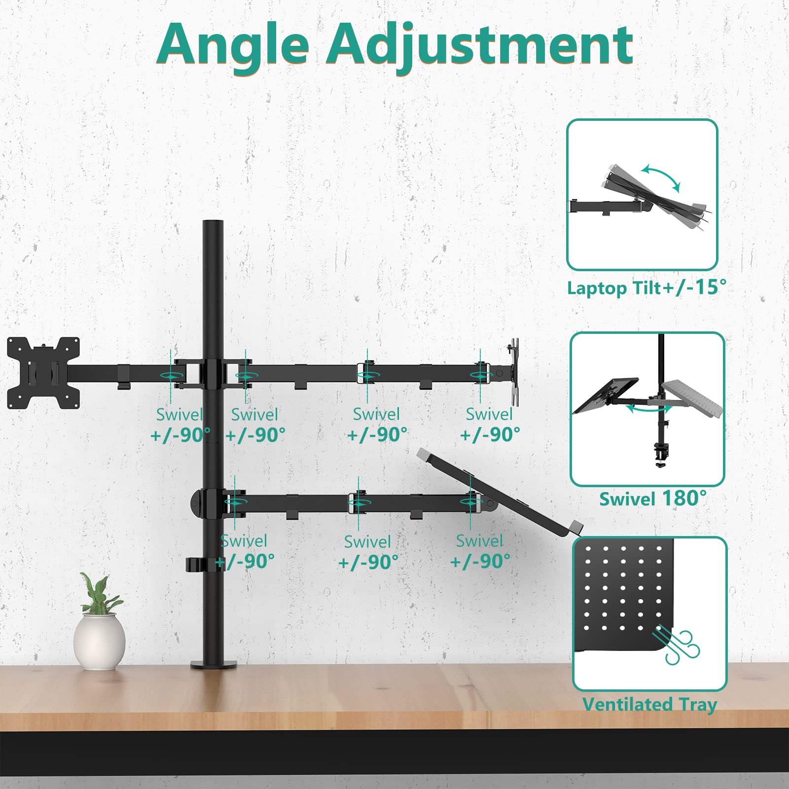 Triple Arm Laptop and Dual Monitor Desk Mount for 17" Notebook and Up to 27" Screens, Extra Tall Adjustable Monitor Stand with Laptop Tray, VESA 75x75 100x100, Black (M002XLLP)