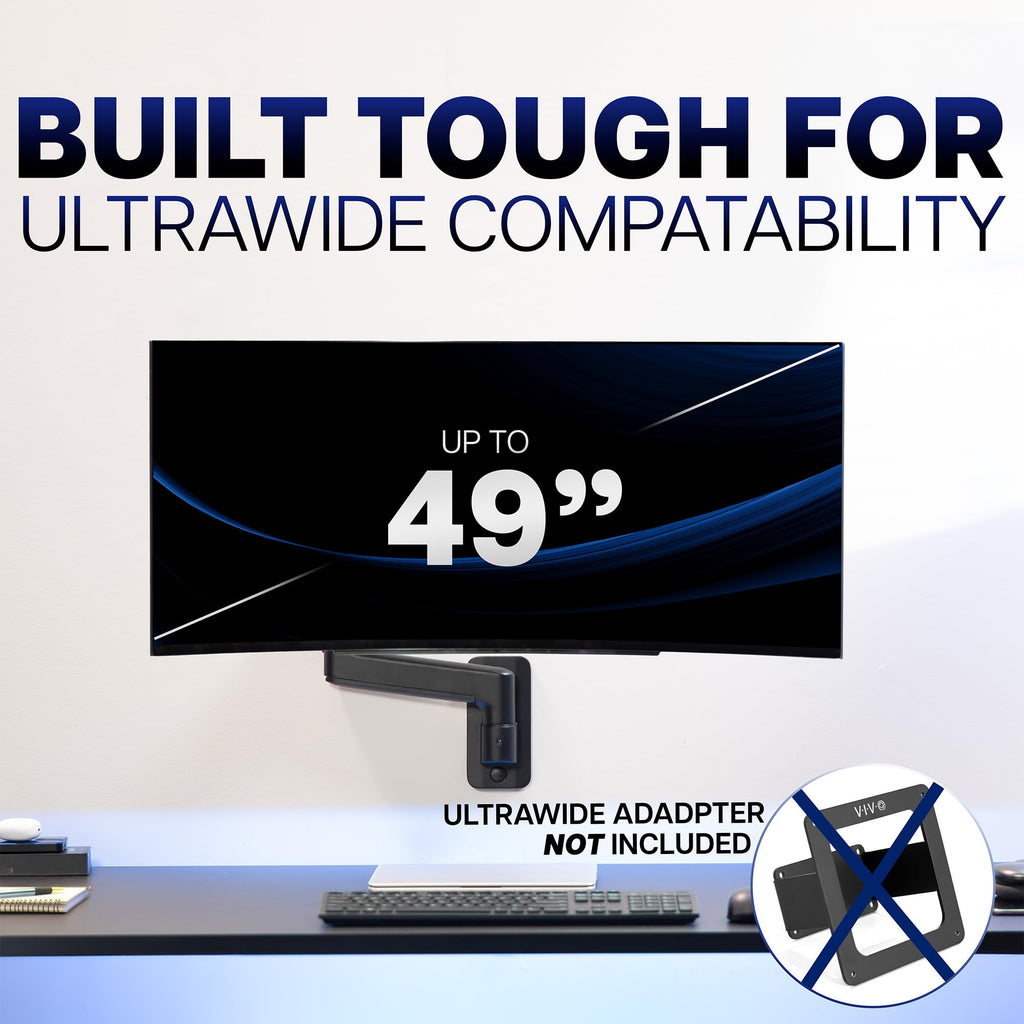 Premium Ultrawide Monitor Counterbalance Wall Mount for up to 49 inch Screens, Holds 44 lbs, Full Motion, Max VESA 100x100, Black, MOUNT-V101V