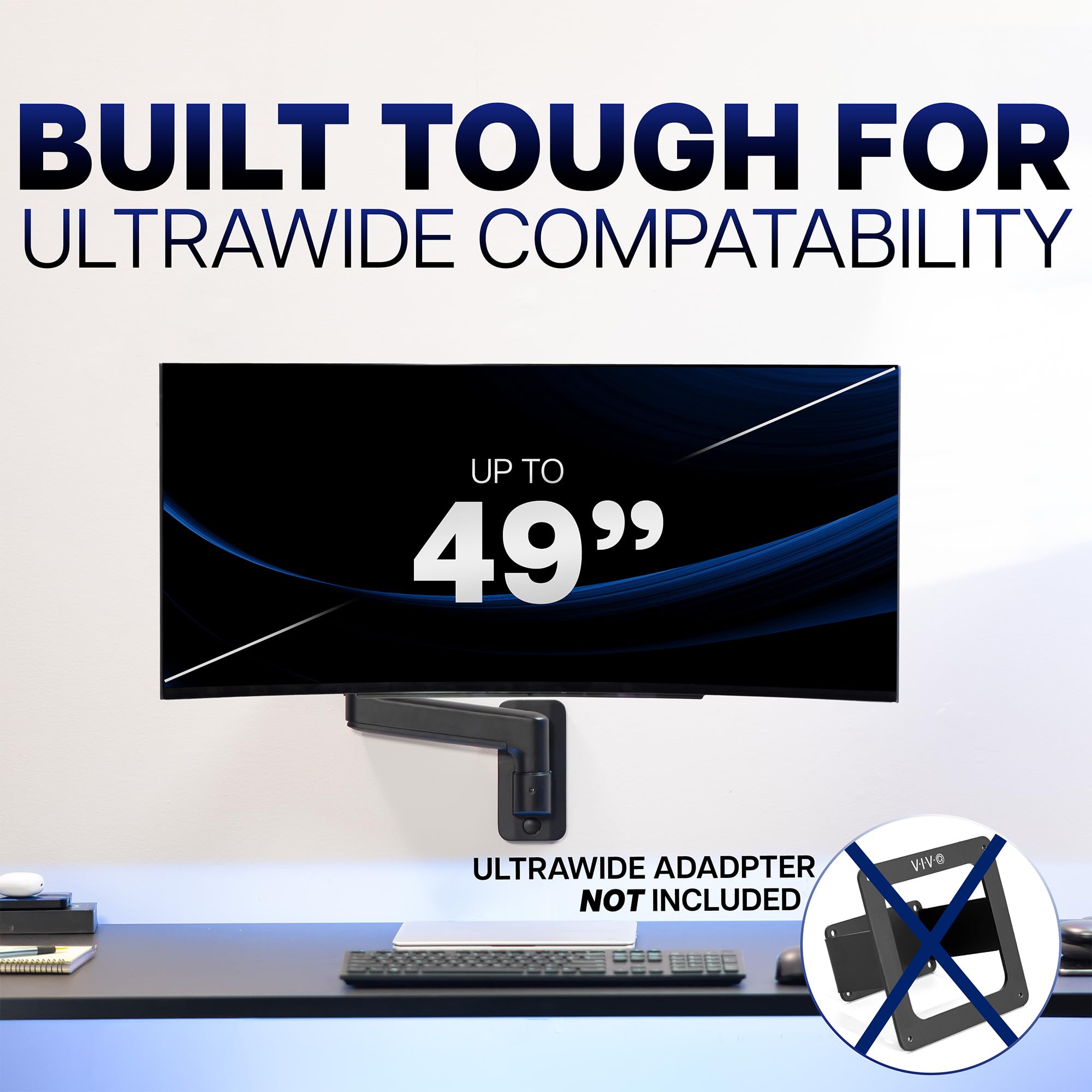 Premium Ultrawide Monitor Counterbalance Wall Mount for up to 49 inch Screens, Holds 44 lbs, Full Motion, Max VESA 100x100, Black, MOUNT-V101V