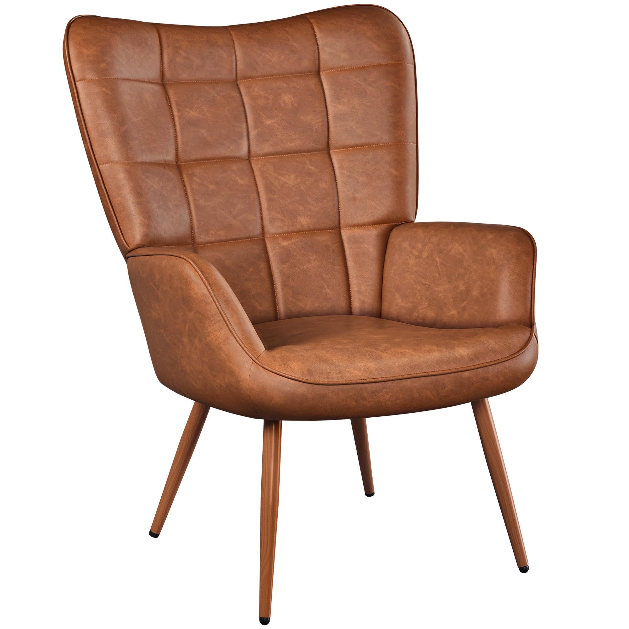 PU Leather Armchair, Modern Accent Chair Strong Structure, Vintage MidCentury High Back Sofa Chairs with Oversized Padded and Solid Metal Legs for Living Room/Bedroom/Office, Brown