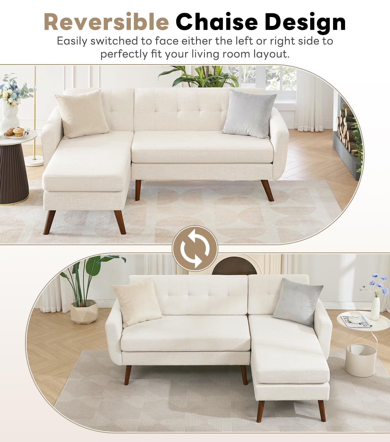 L Shaped Couch, 80" W Mid-Century Modern Sofa, Sectional Couches, 3 Seater Sofas with Wide Chaise Lounge, Button Tufted Upholstered Sectional Sofa for Living Room, Bedroom, Beige