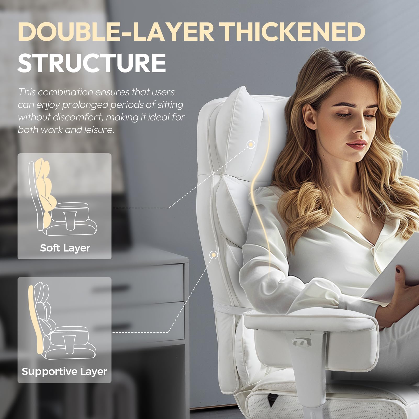 Big and Tall Office Chair with Pocket Spring Cushion, High Back Computer Gaming Chairs with Adjustable Armrests and Lumbar Support,Executive Desk Chairs with Footrest(PU Leather,White)