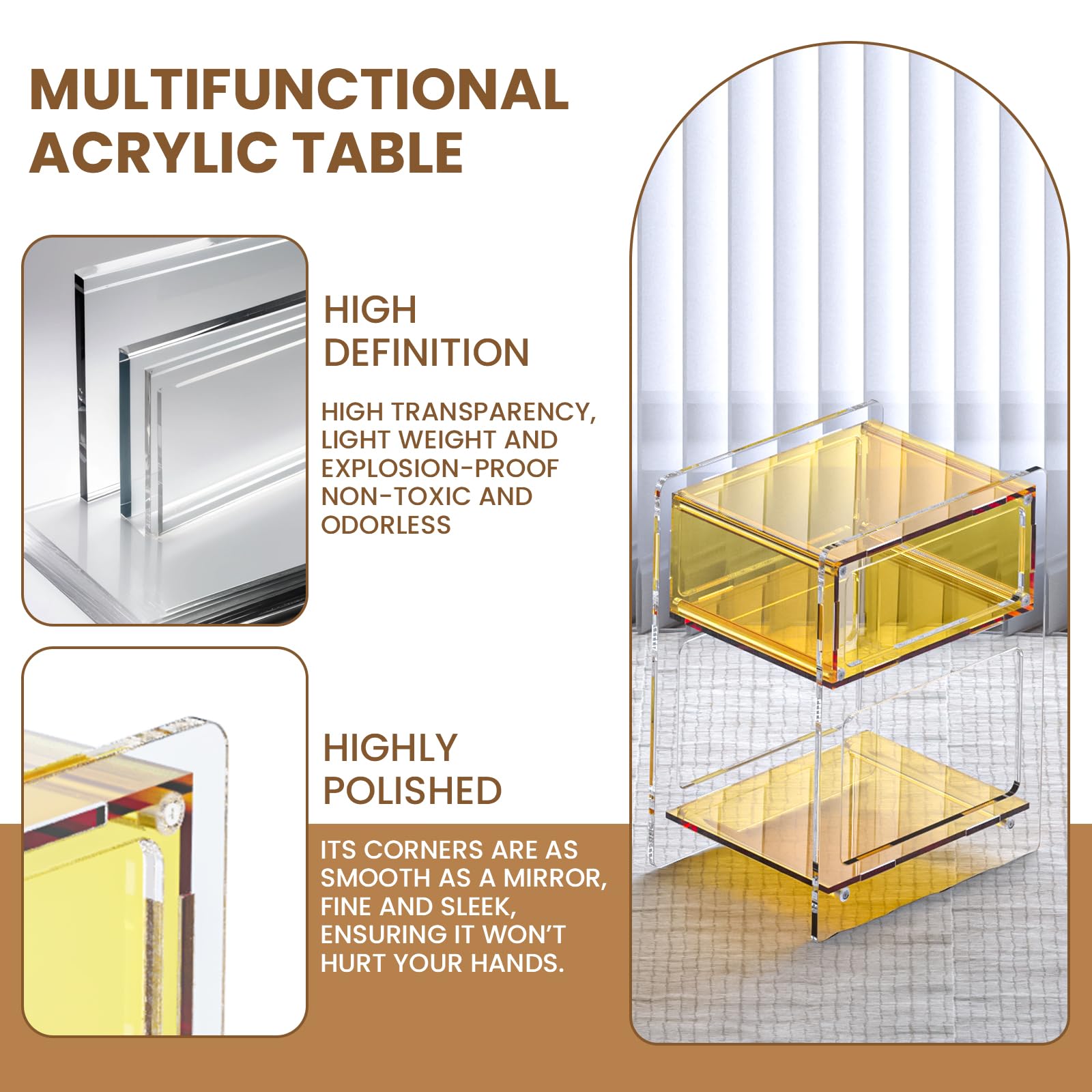 Acrylic Side Table with Storage, Modern Clear Acrylic Nightstand for Bedroom or Living Room, Small Bedside End Table, Stylish Orange Clear Furniture, 15.8" x 11.8" x 19.7"