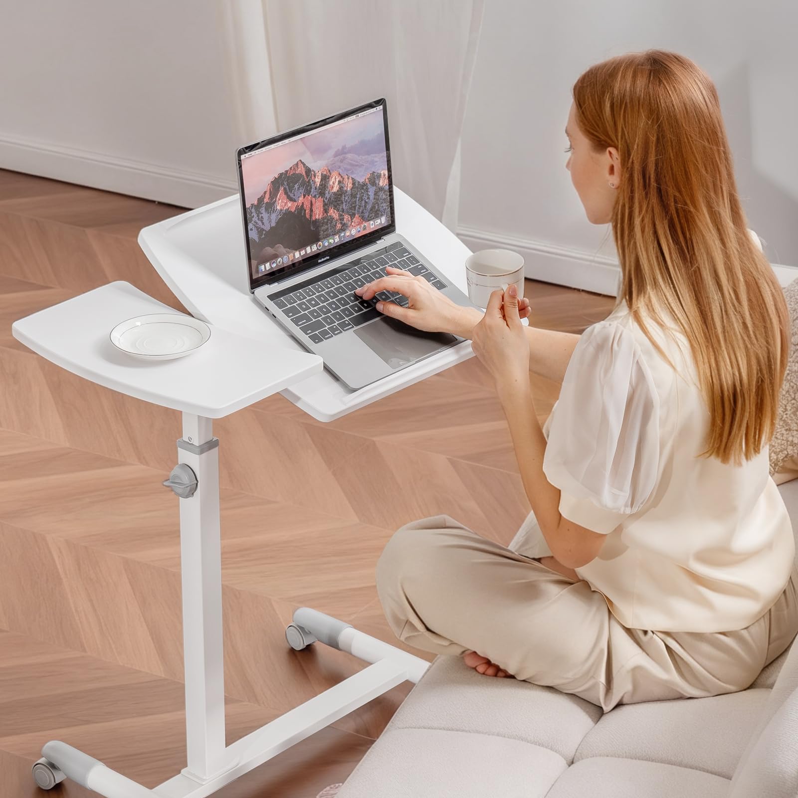 Small Standing Desk, 28 Inches Tiltable Mobile Rolling Laptop PC Table with Lockable Casters, Adjustable Height Overbed Bedside Table Computer Workstation for Home Office, White-Tiltable