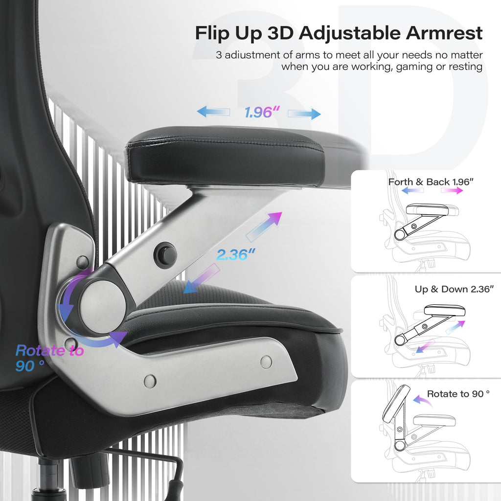 600lbs Big and Tall Office Chair- Heavy Duty Executive Computer Chair with 3D Flip Arms Large Wheels, Ergonomic Mesh High Back Desk Chair, Extra Wide Seat Adjustable Lumbar Support&Headrest