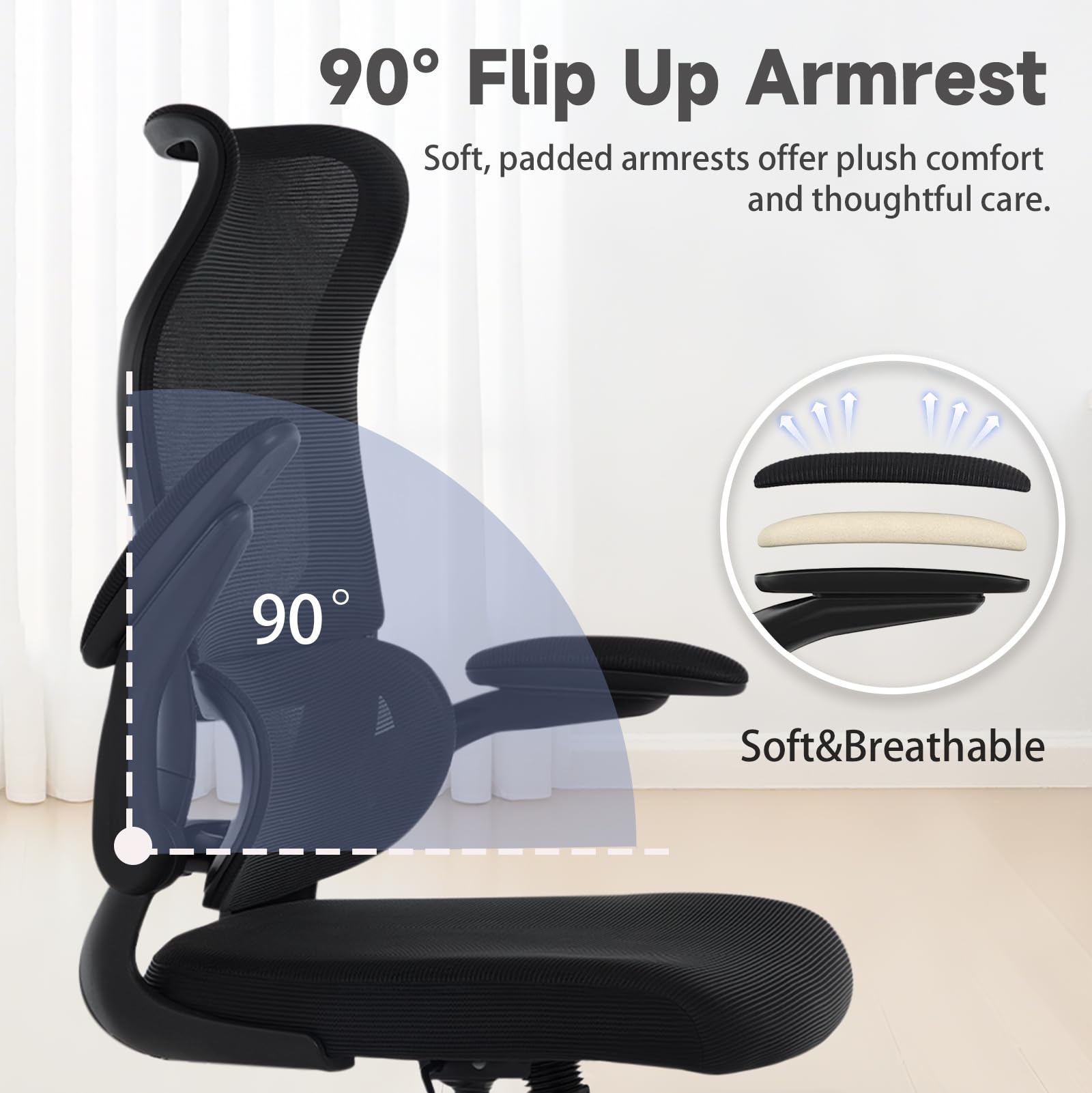 Ergonomic Office Chair with Adjustable Lumbar Support, Mesh Back, Flip-Up Arms, Rocking Mode with Tension Control, 300 lbs Weight Capacity, Black and White (Black)