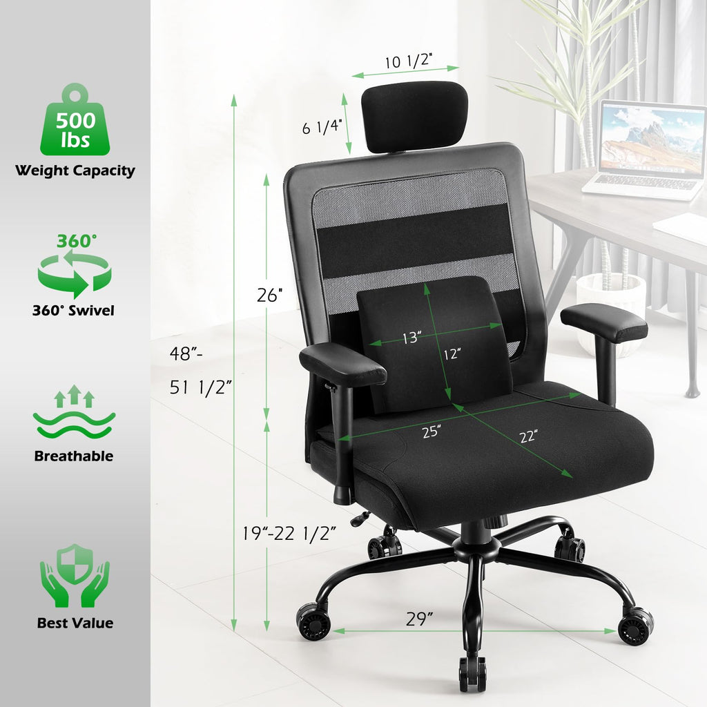 Extra Wide Seat Office Chair for Big and Tall 500lbs, with High Back Adjustable Headrest Lumbar Support Arms Wheels Heavy Duty (Breathable Fabric Seat)