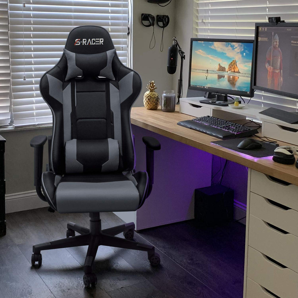 Gaming Chair, Office Chair High Back Computer Chair Leather Desk Chair Racing Executive Ergonomic Adjustable Swivel Task Chair with Headrest and Lumbar Support (Grey)