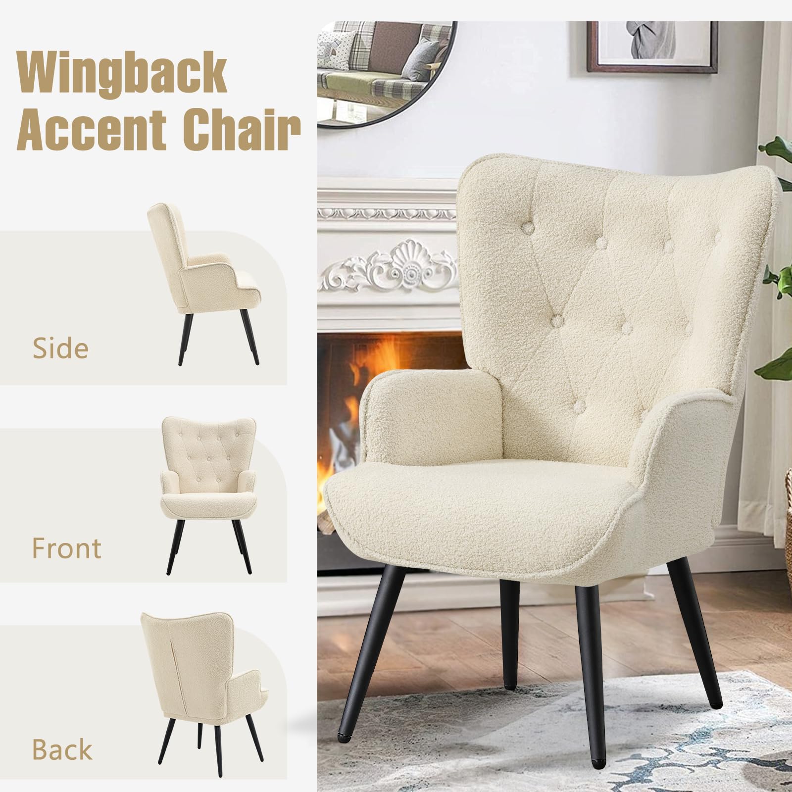 Boucle Accent Chair for Living Room, Upholstered Reading Chair with High Backrest, Tufted-Button Wingback Armchair for Bedroom, Dressing Room, Home Office, Ivory White, Set of 2