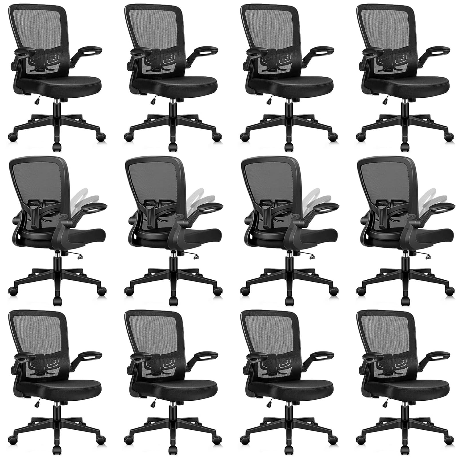 Office Desk Chairs with Wheels, Ergonomic Mesh Chair with Adjustable Height Lumbar Support, Rolling Swivel Computer Task Chair with Flip Up Armrests for Home, Study, Conference, Black (12PK)
