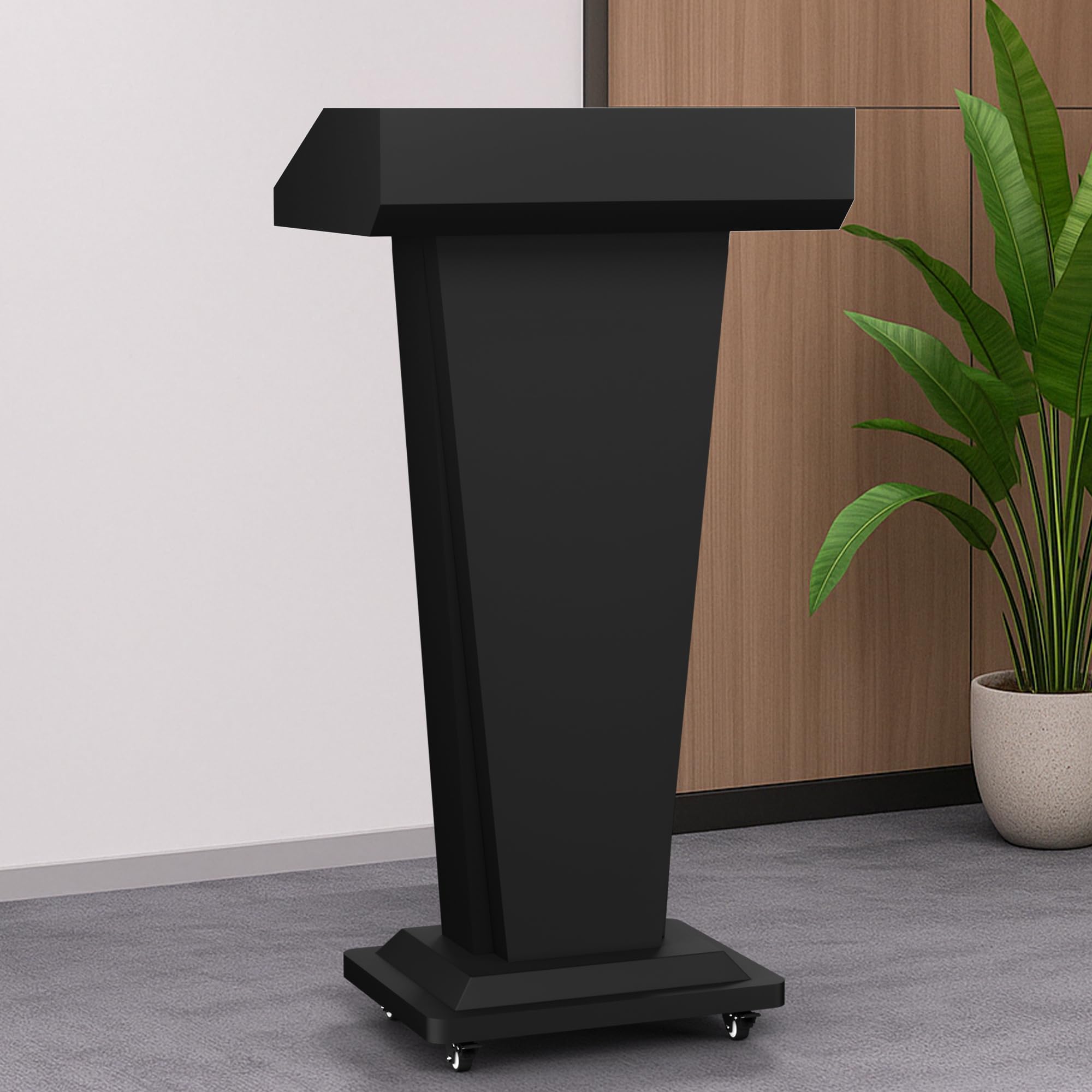 Metal Podium Stand with 4 Locking Wheels, Mobile Metal Lectern with Storage Cabinets, Laptop Desk, 46.5”H Modern Pulpit for Church, School, Office and Conference, Black