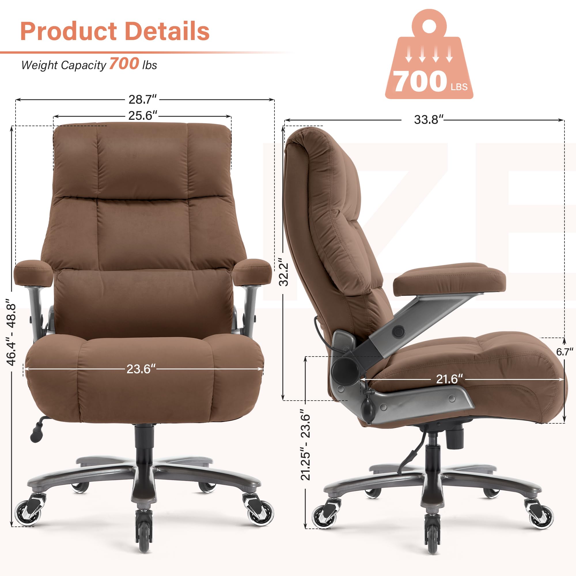 Big and Tall Office Chair 700lbs- Fabric Executive Desk Chair with Adjustable Lumbar Support 3D Flip UP Arms- Heavy Duty Quiet Wheels Metal Base Ultra-Soft Upholstered Ergonomic Computer Chairs, Brown