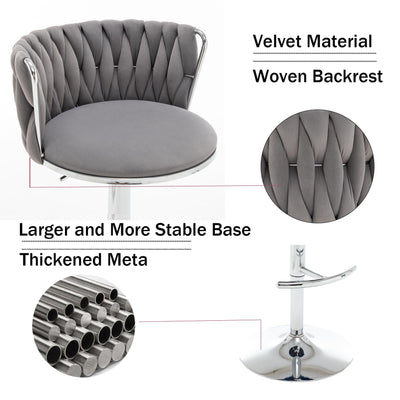 Velvet Bar Stools Set of 2, Swivel Counter Height Bar Stools with Back, Adjustable Woven Barstools for Kitchen Island, Pub, Club (Grey)