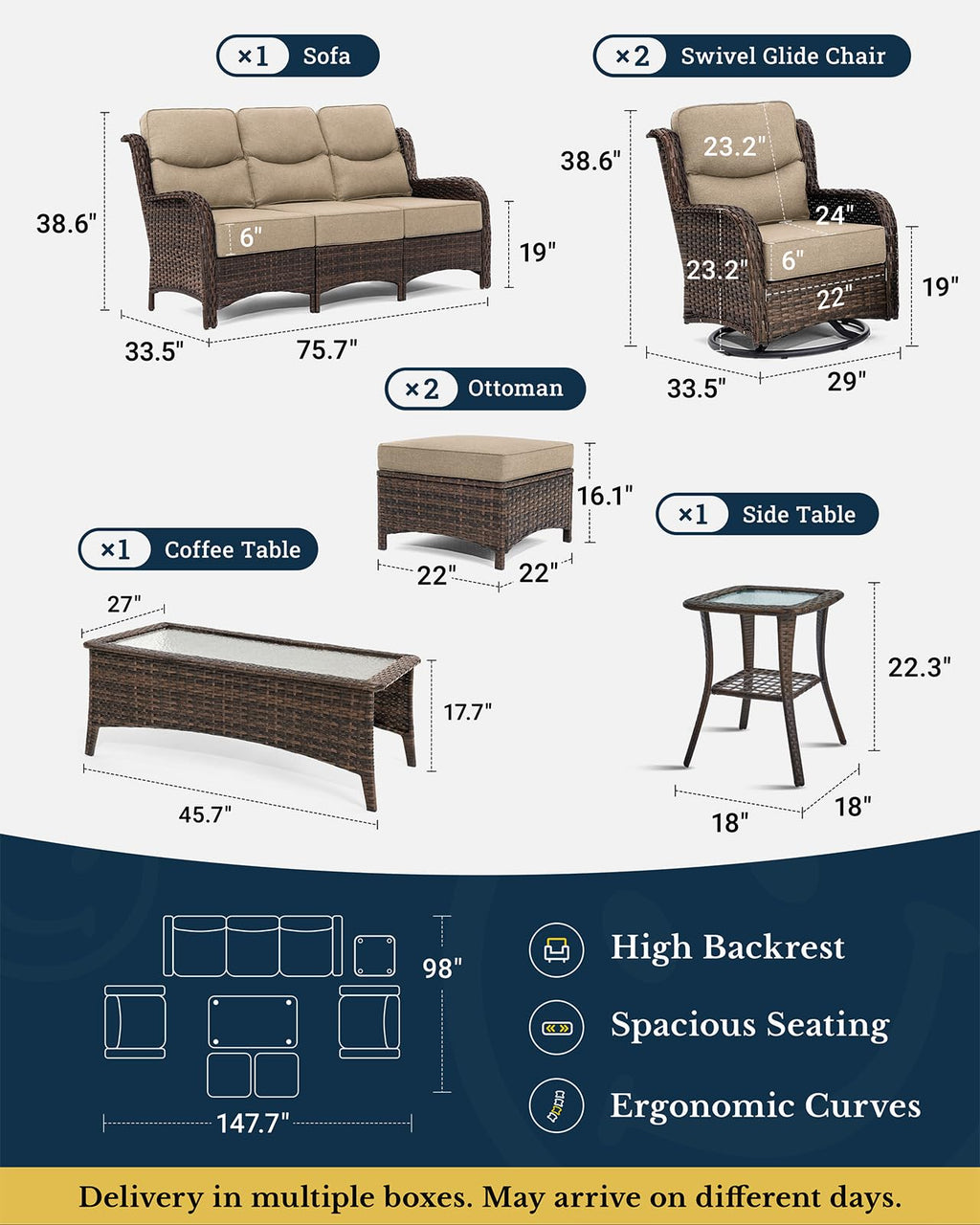 Luxury Patio Furniture Set with 6-inch Thick Cushion, Outdoor Couch and High Back Swivel Rocker Patio Chairs, 7PCS Wicker Conversation Set for Deck Yard and Poolside, Beige (V2)
