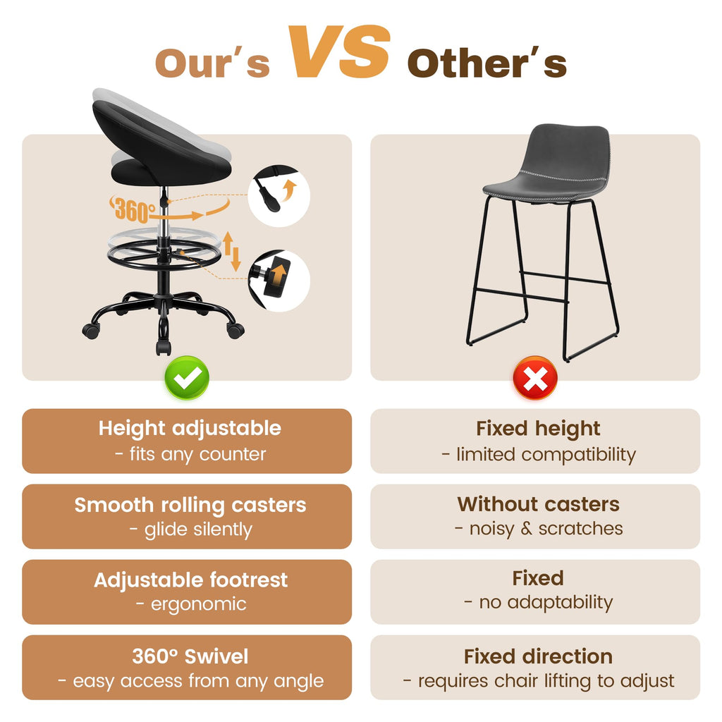 Black 4 Pack, Office Drafting Chair - Bar Stools with Back Support, Adjustable Foot Rest and Wheels, Shop Rolling Swivel Chair for Standing Desk Counter Kitchen Salon Home Vanity