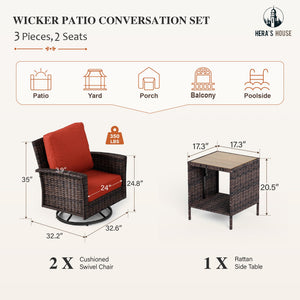 3-Piece Outdoor Patio Furniture, High Back Swivel Chairs Set of 2 with Rattan Table, Brown Wicker Conversation Bistro Set with 5.5” Thick Cushion for Deck Porch Balcony Garden Lawn, Red