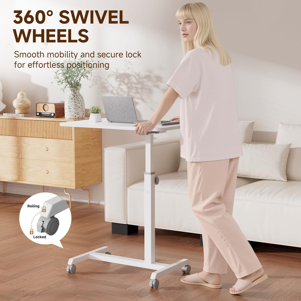 Small Standing Desk, 24 Inches Foldable Mobile Rolling Laptop PC Table with Lockable Casters, Adjustable Height Overbed Bedside Table Computer Workstation for Home Office, White-Foldable