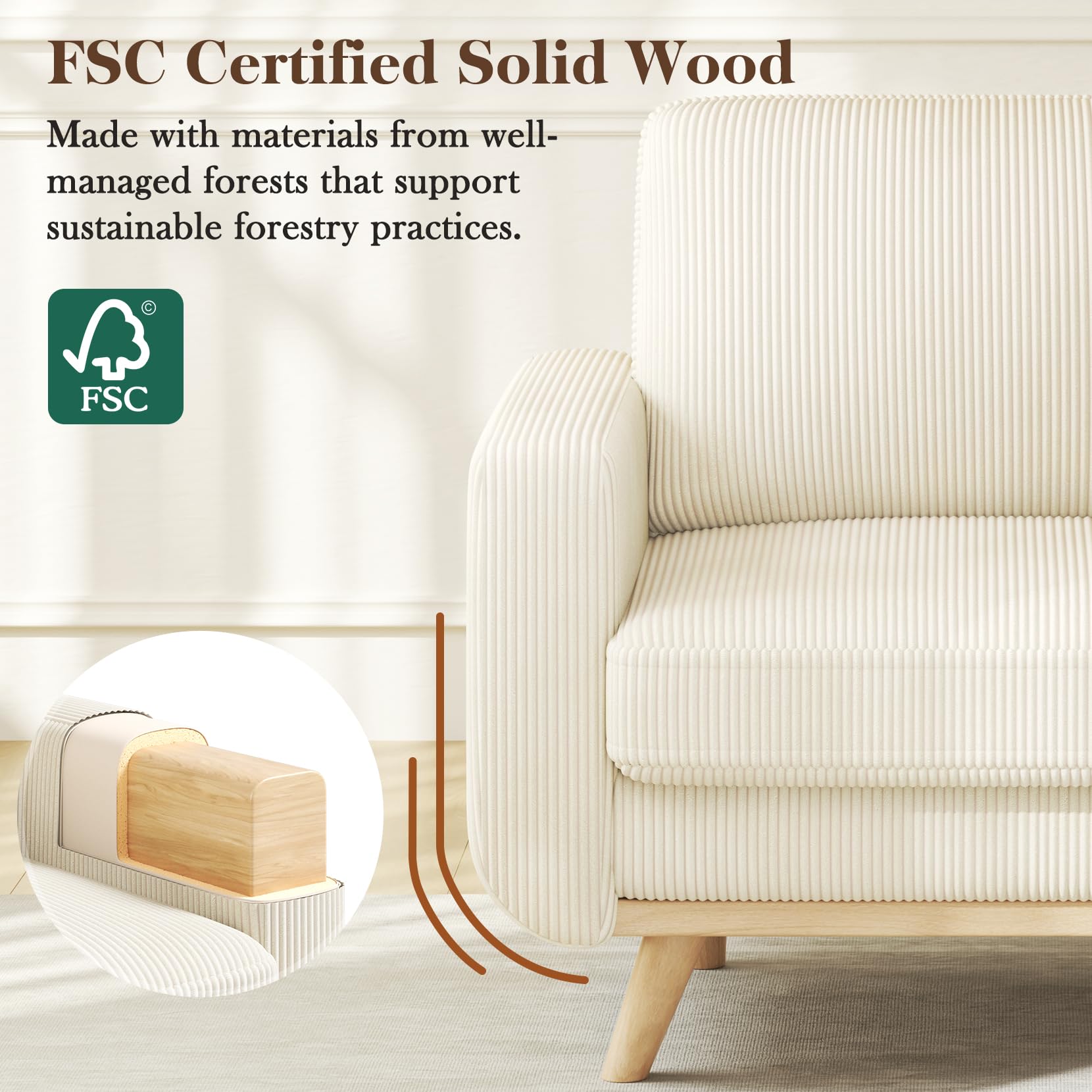 38.5" Accent Chair Beige, Comfy Corduroy Single Sofa Seat with Spring Cushion, Upholstered Armchair with Deep Seat, Reading Chair for Adults, Modern Sofa for Living Room, Bedroom