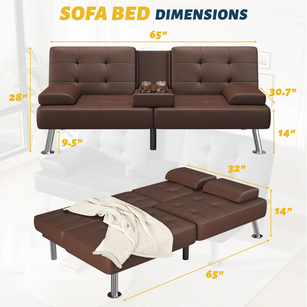 Sofa Bed Adjustable Futon Couch Sleeper Sofa Bed for Living Room, Business Office, Recliner Sofas with Cup Holders (PU Leather, Brown)