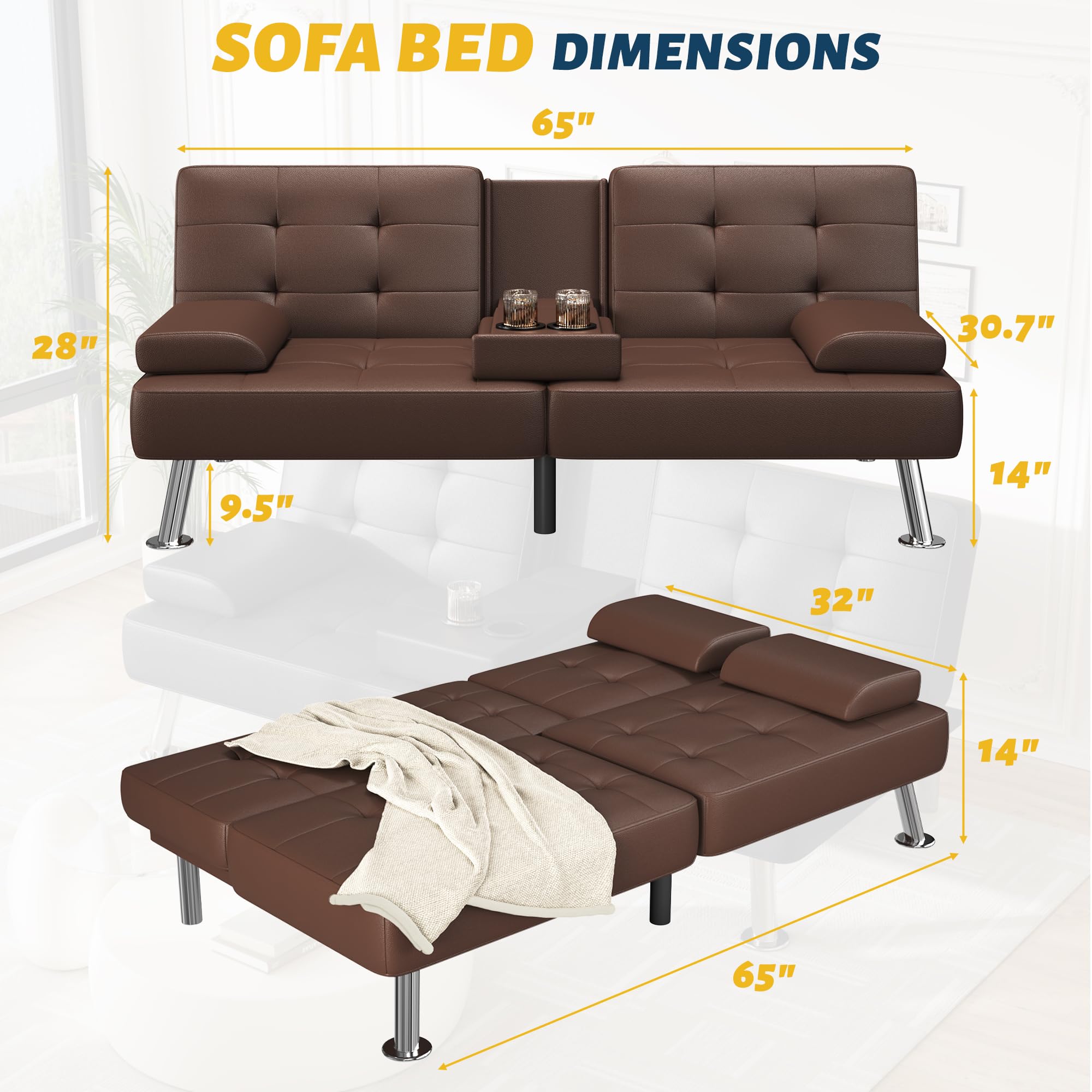 Sofa Bed Adjustable Futon Couch Sleeper Sofa Bed for Living Room, Business Office, Recliner Sofas with Cup Holders (PU Leather, Brown)