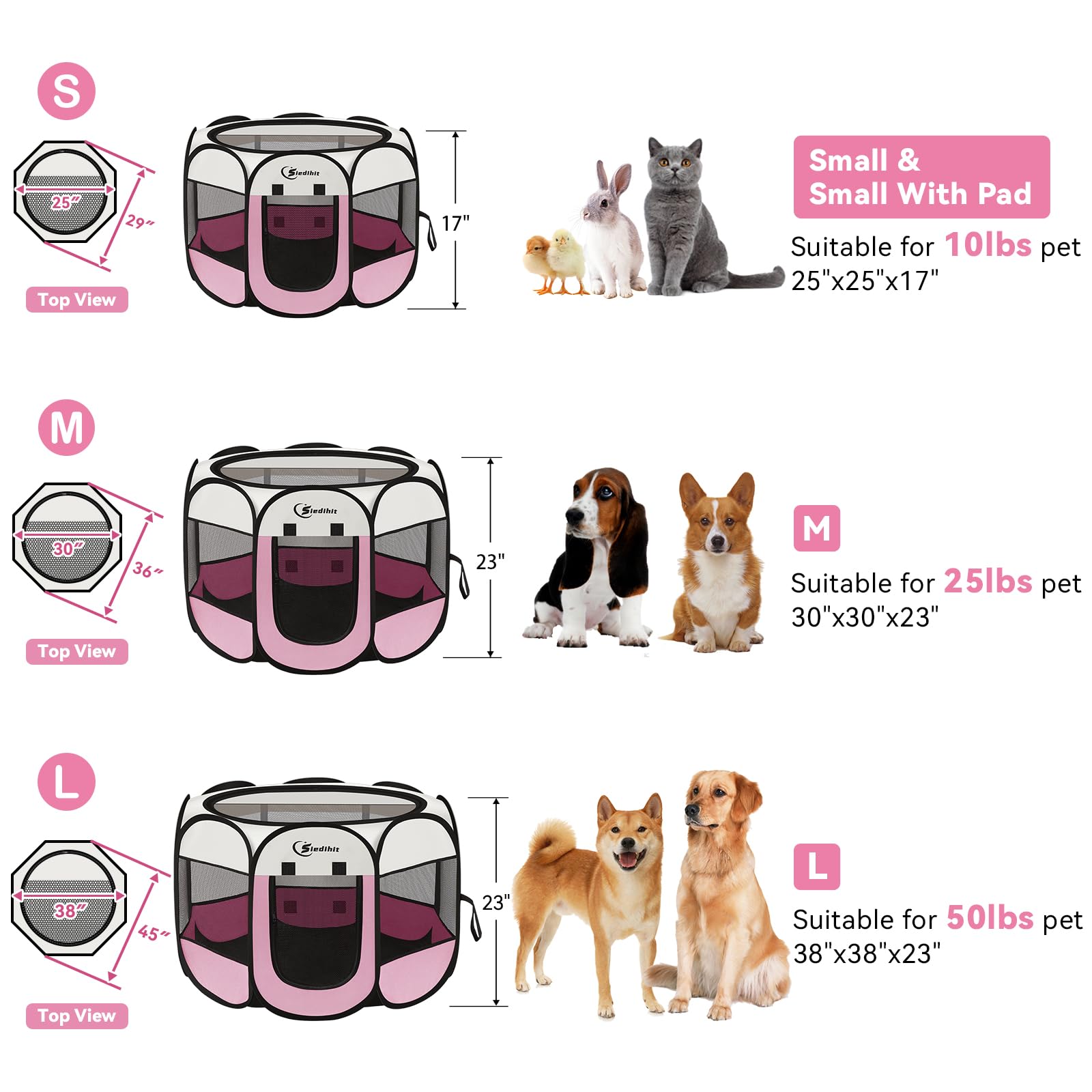 Dog Cat Playpen, Puppy Pet Playpen Indoor for Dog Crate Tent Cage Outdoor, Portable Pop Up Dogs Enclosure Kennel with Carrying Case for Dogs/Cats/Rabbits (Pink with Pad, Medium)