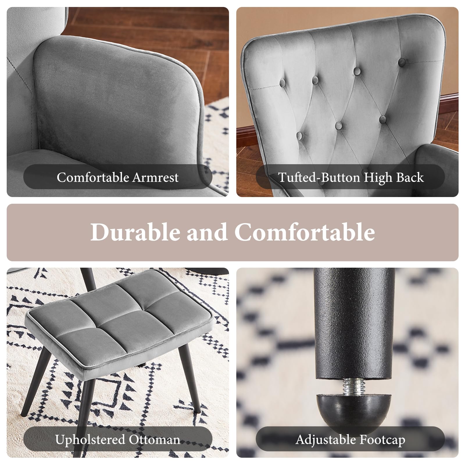 Velvet Accent Chair with Ottoman, Upholstered Reading Chair with High Backrest, Tufted-Button Wingback Armchair for Bedroom, Dressing Room, Home Office, Grey