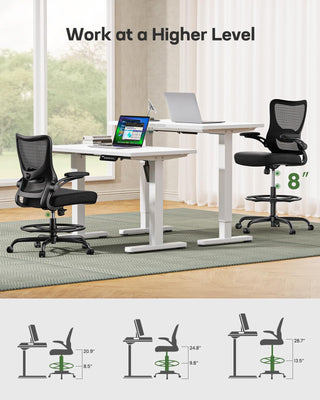 Drafting Chair, Tall Office Chair with 2D Lumbar Support, Standing Desk Chair,High Office Chair with Padded Flip-Up Armrests & Adjustable Footrest Ring, Ebony