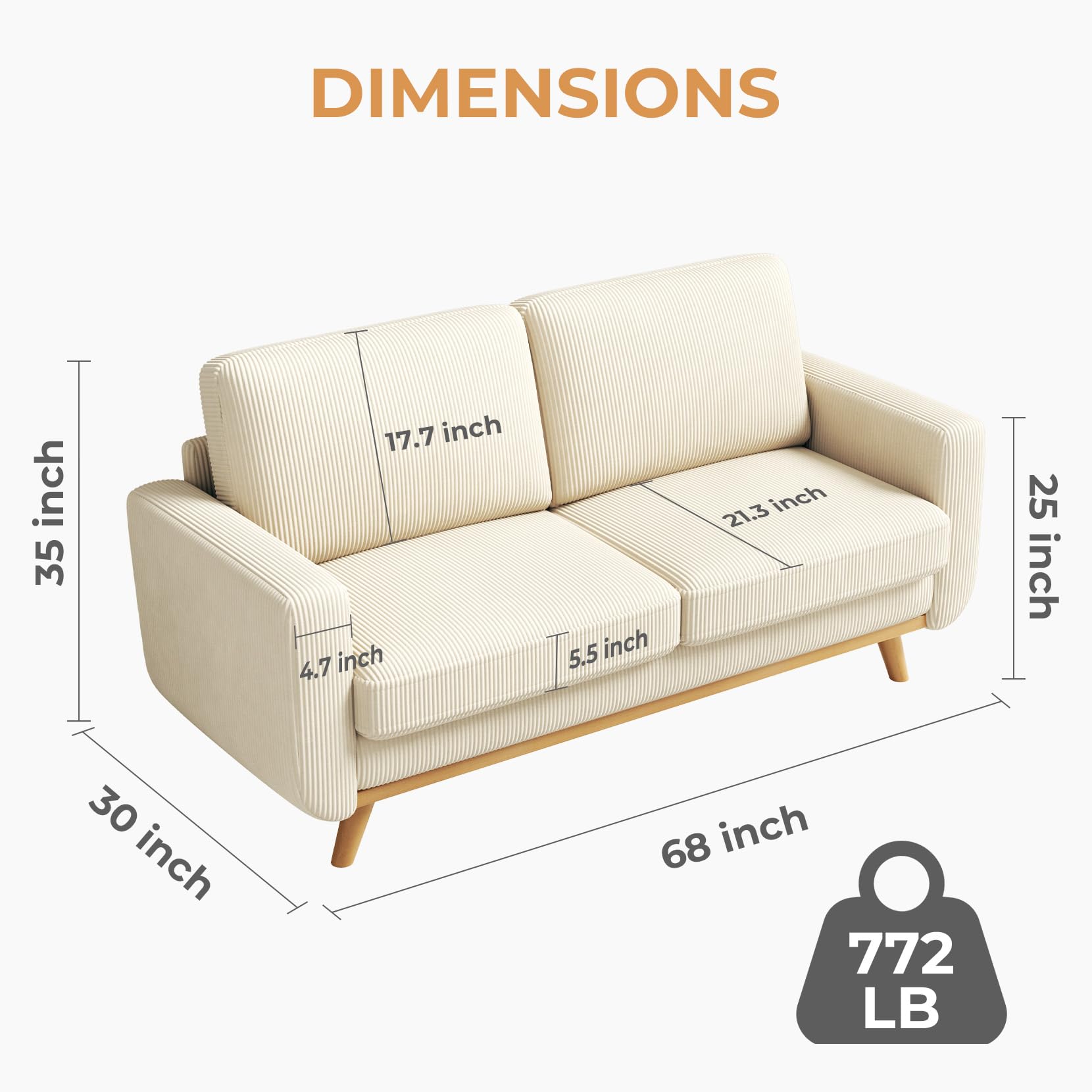 68" Loveseat Sofa Beige, Comfy Corduroy Couch with Spring Cushion, Modern Sofa with Deep Seat, for Bedroom & Living Room