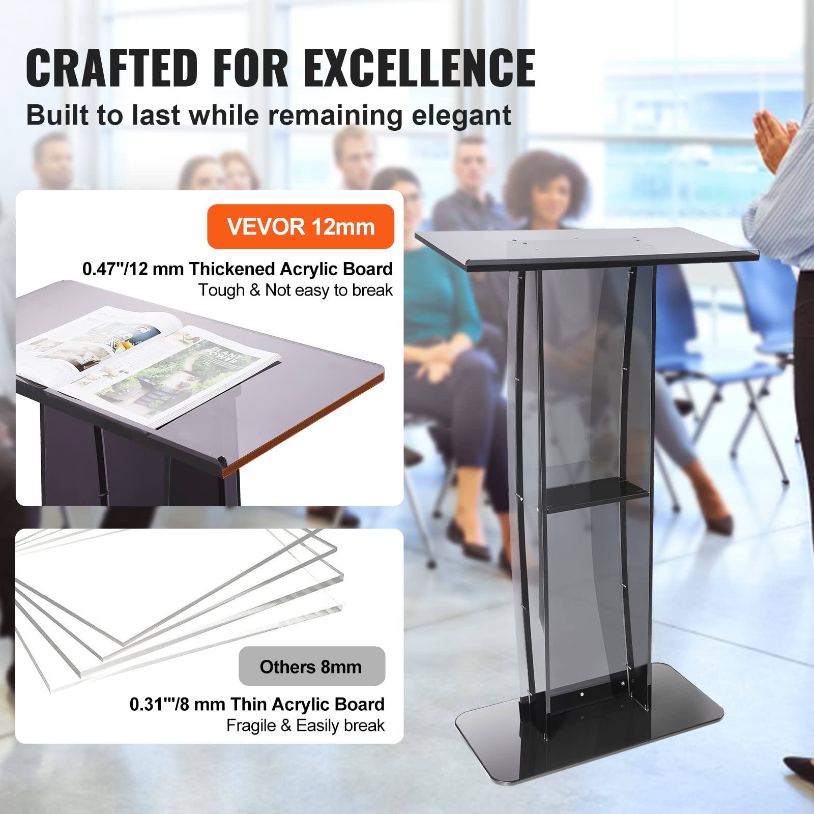 Acrylic Podium, 47" Acrylic Podium Stand with Wide Reading Surface & Storage Shelf, Floor-Standing Clear Pulpits Acrylic for Church Office School, Black