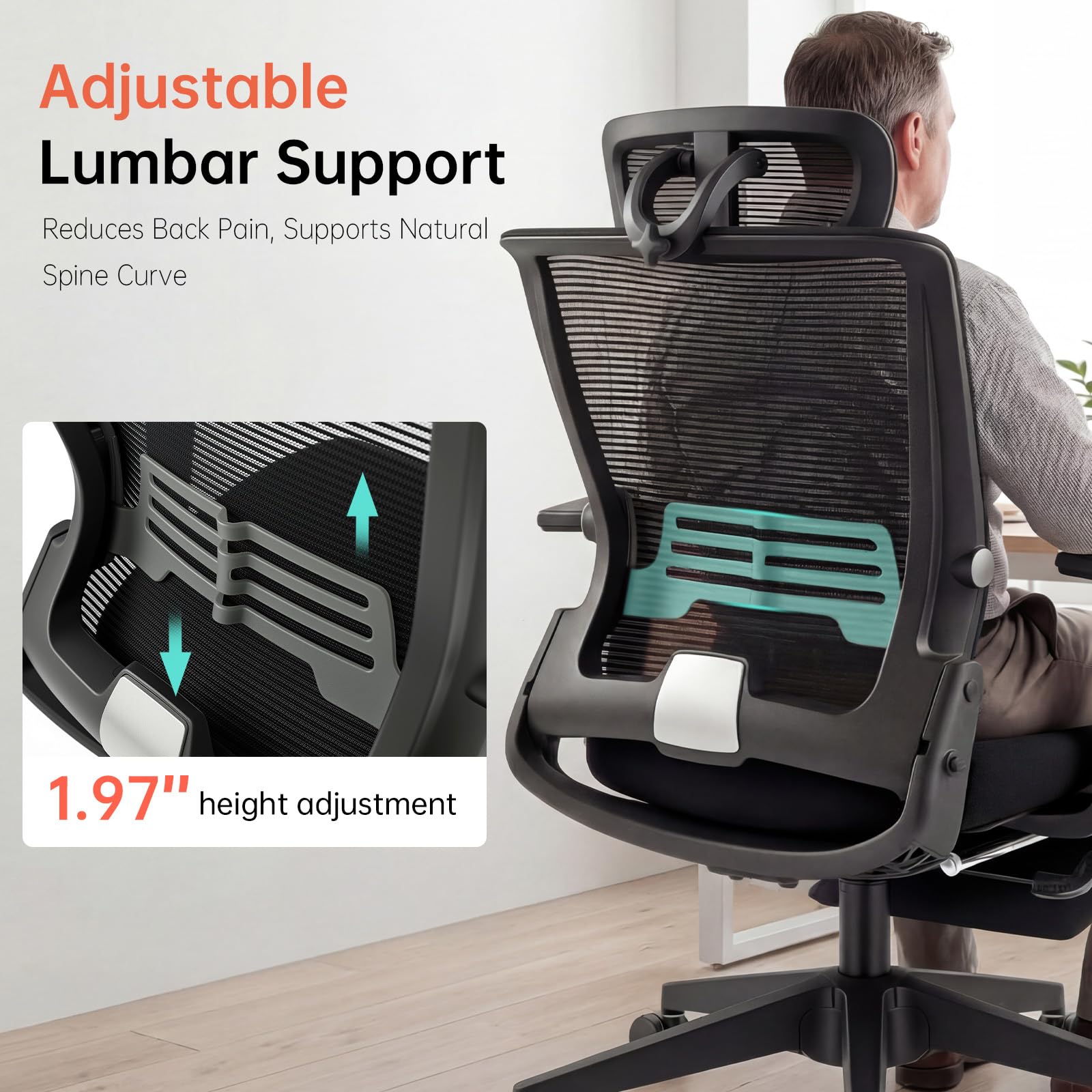Foldable Office Chair with Foot Rest, Ergonomic Office Chair with Adjustable Lumbar Support, Headrest, Armrest, Home Office Desk Chairs for Space Saving, Work from Home, Black