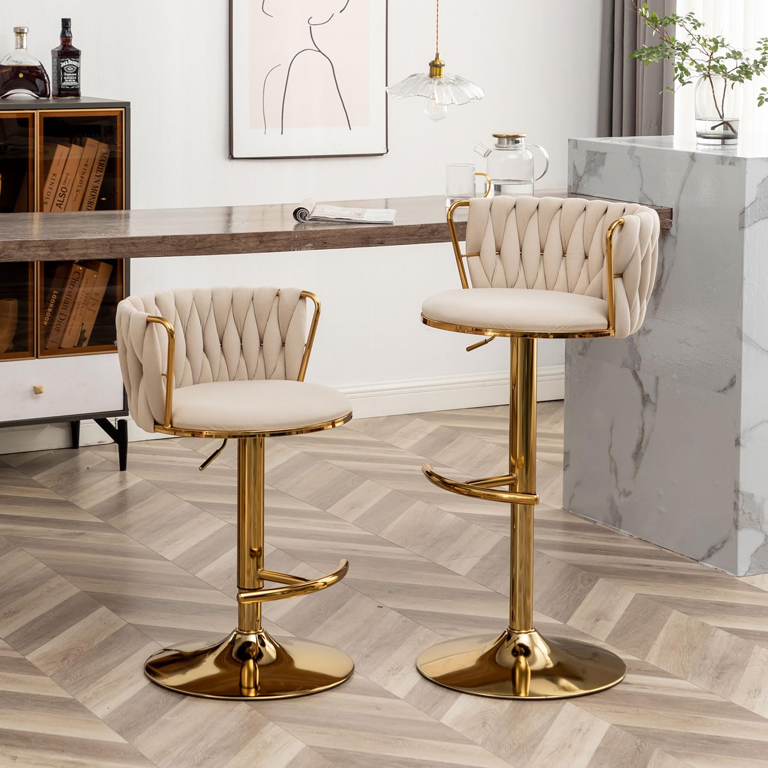 Gold Velvet Bar Stools Set of 2, Swivel Counter Height Bar Stools with Back, Adjustable Woven Barstools for Kitchen Island, Pub, Club (Beige)