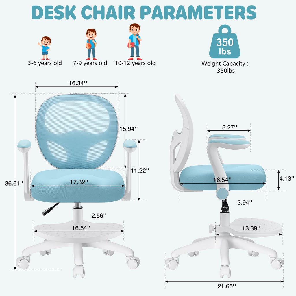 Kids Desk Chair Ergonomic Study Chair with Flipped Armrest and Footrest Adjustable Height Swivel Kids Computer Chair Mesh Desk Chair for Boys Girls Children at Home Bedroom Study Room Blue
