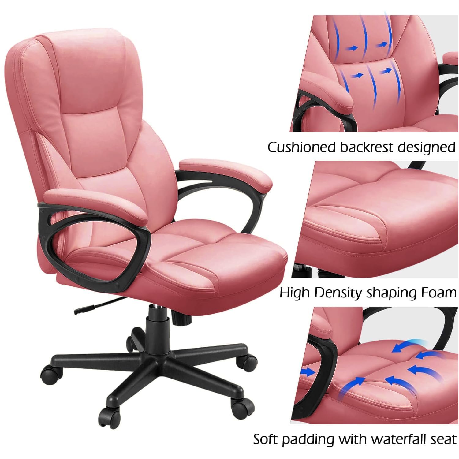 Office Executive Chair High Back Adjustable Managerial Home Desk Chair, Swivel Computer PU Leather Chair with Lumbar Support (2, Pink)