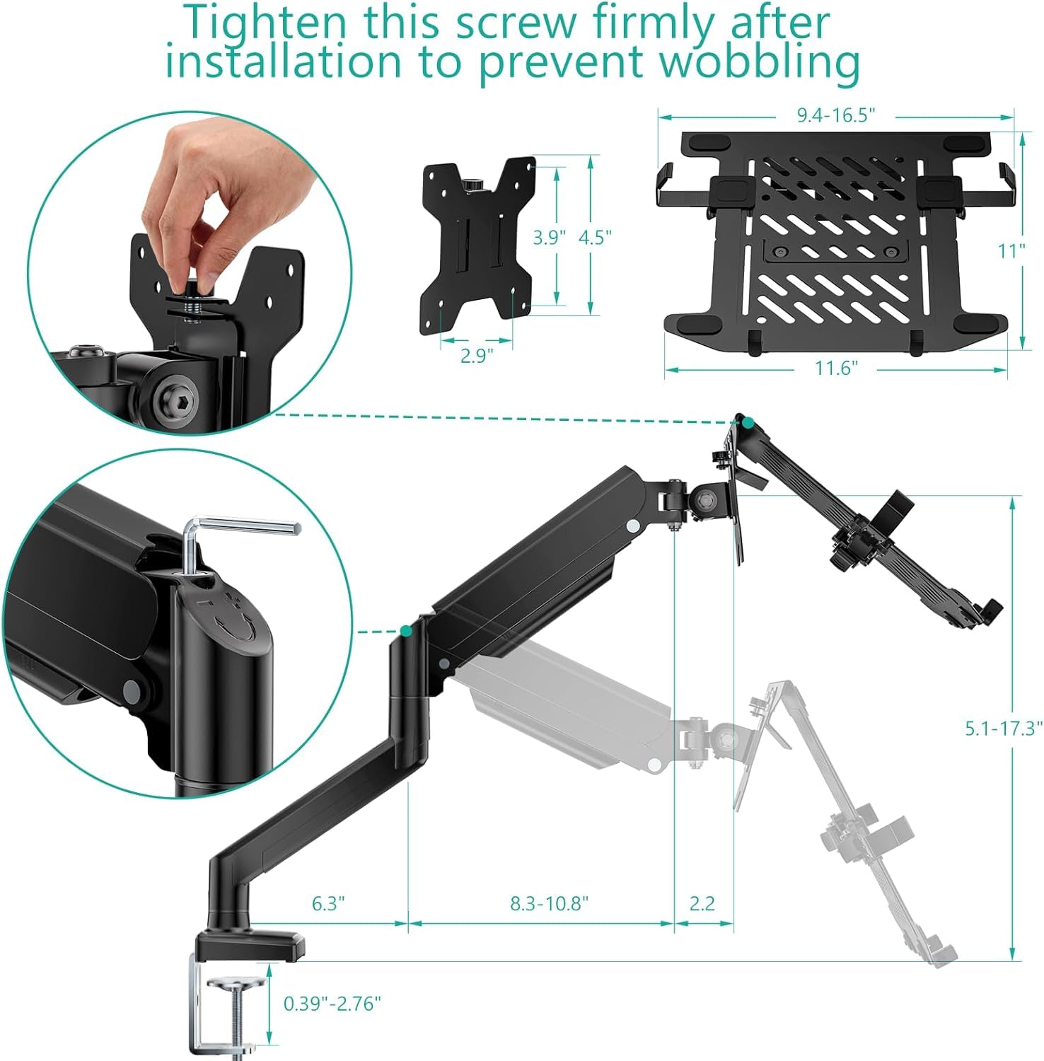 Single Arm Laptop and Monitor Desk Mount for 17" Notebook and Up to 32" Screen, 2-in-1 Adjustable Monitor Arm with Laptop Tray, VESA 75x75 100x100,Holds 22-26.4 lbs, Black (GSMP001NLP)