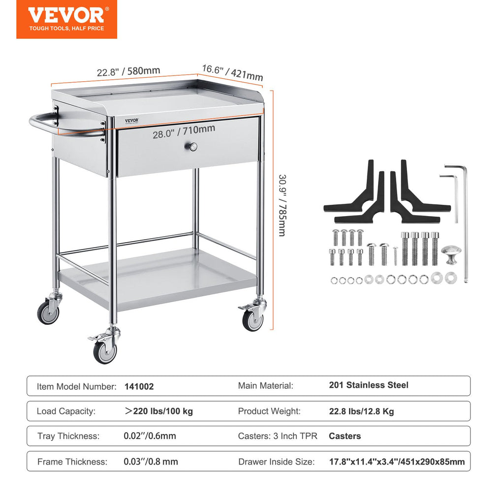 Medical Cart, 2-Layer Stainless Steel Cart 220 lbs Weight Capacity, Lab Utility Cart with 360° Silent Wheels and a Drawer for Lab, Clinic, Kitchen, Salon