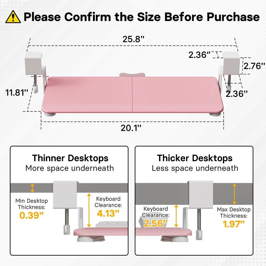 KMT01-PJ Under Desk Keyboard Tray, Pull-Out Keyboard & Mouse Platform with C-Clamp, 20 x 11.8 in Space-Saving Ergonomic Slide-Out Drawer, Pink