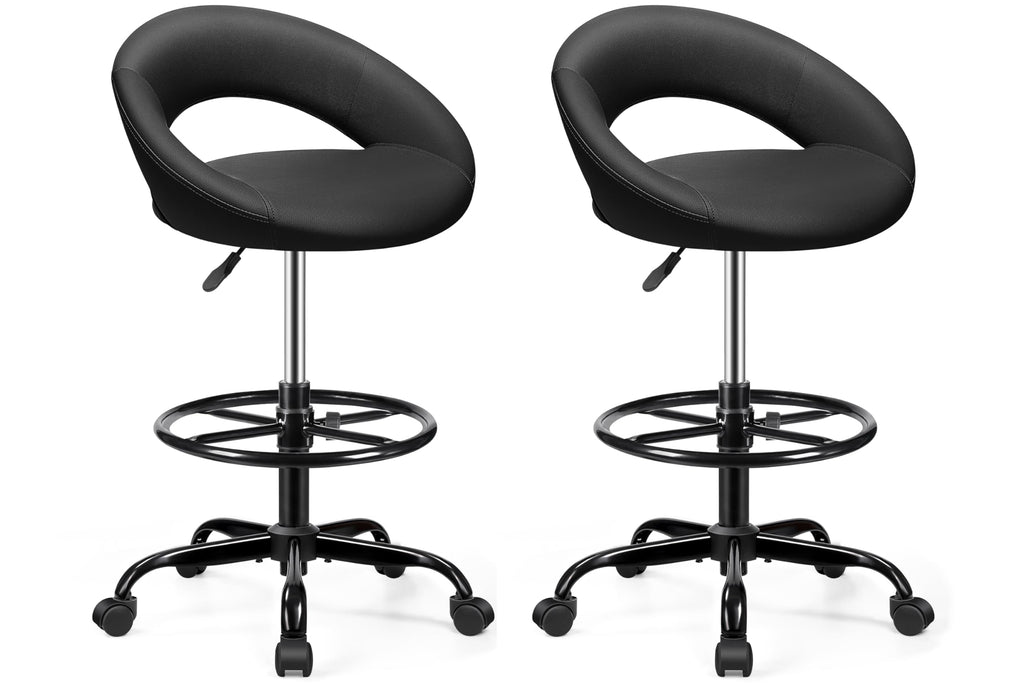 Black 2 Pack, Office Drafting Chair - Bar Stools with Back Support, Adjustable Foot Rest and Wheels, Shop Rolling Swivel Chair for Standing Desk Counter Kitchen Salon Home Vanity