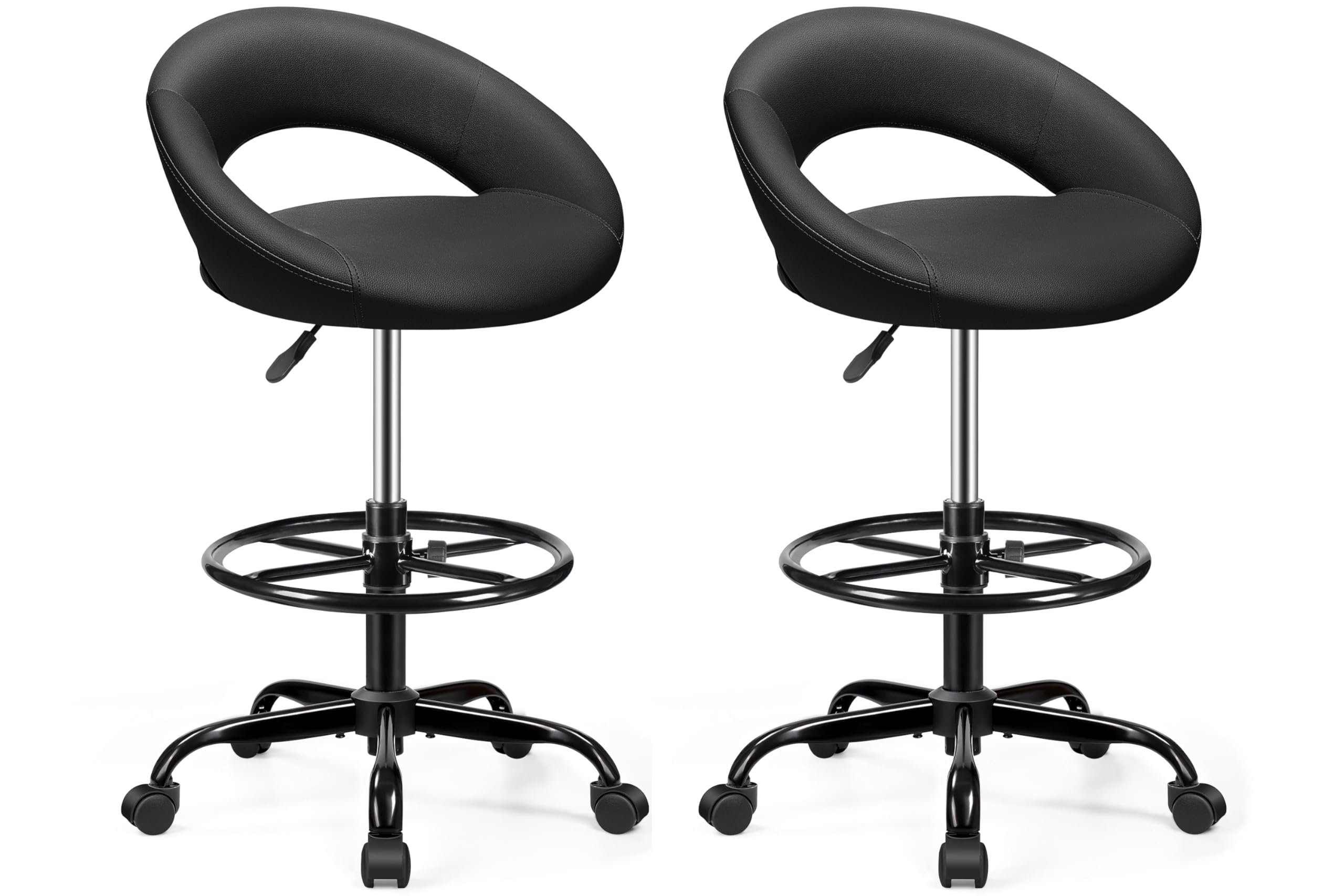 Black 2 Pack, Office Drafting Chair - Bar Stools with Back Support, Adjustable Foot Rest and Wheels, Shop Rolling Swivel Chair for Standing Desk Counter Kitchen Salon Home Vanity