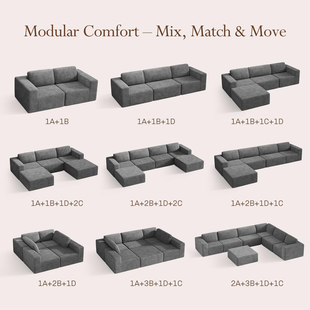 119" L-Shaped Modular Sectional Sofa, Corduroy Cloud Couch with Deep Seating & Spring Support, Flexible Layout Sofa with Ottoman, Boneless Style, No Assembly Required, Grey