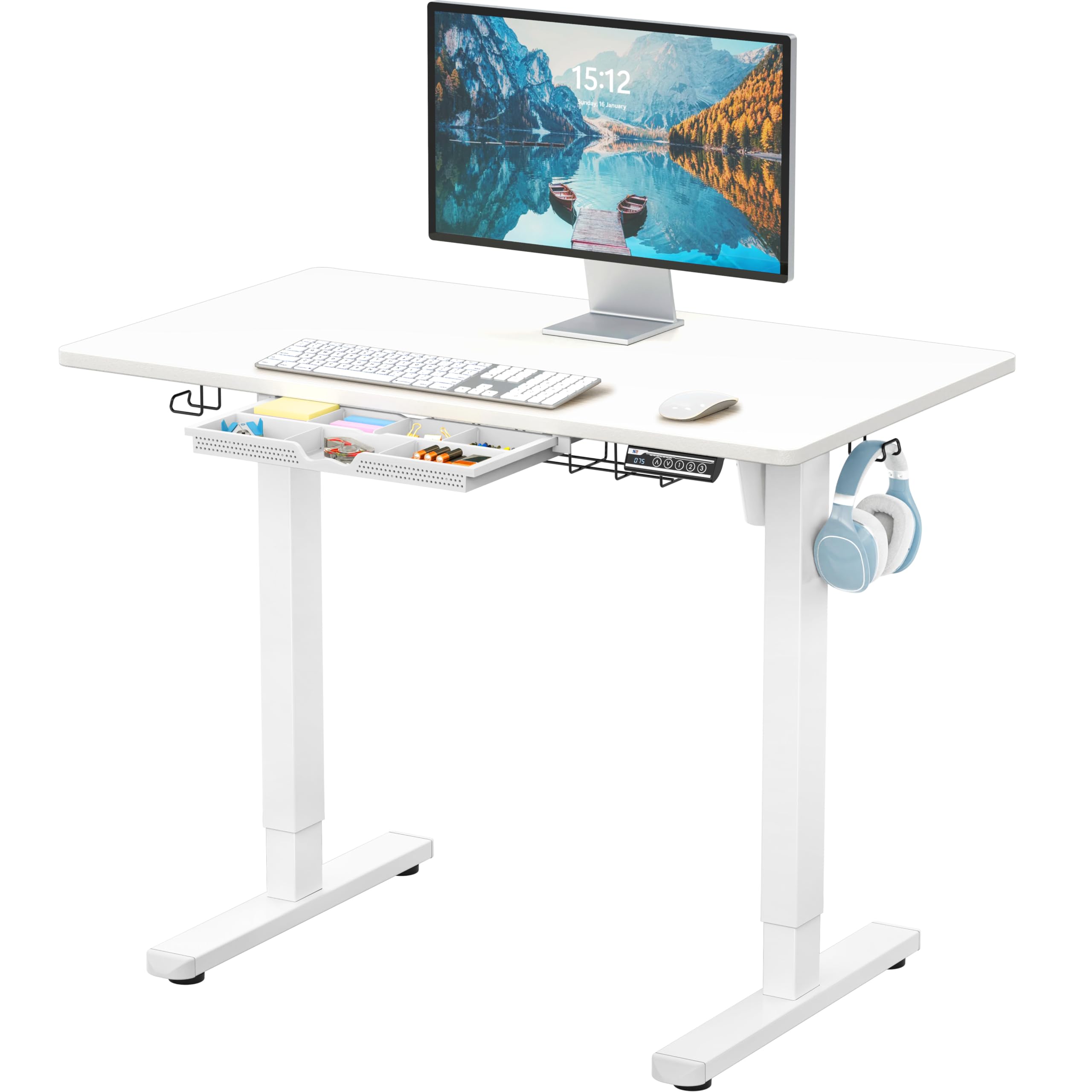 40-Inch Electric Height Adjustable Standing Desk with Drawer, Memory Preset and Cable Management Tray, White