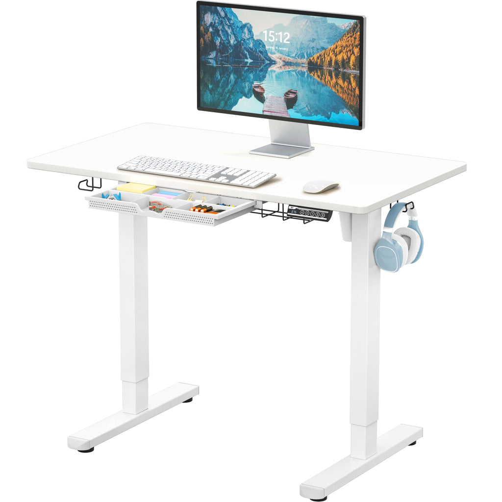 40-Inch Electric Height Adjustable Standing Desk with Drawer, Memory Preset and Cable Management Tray, White
