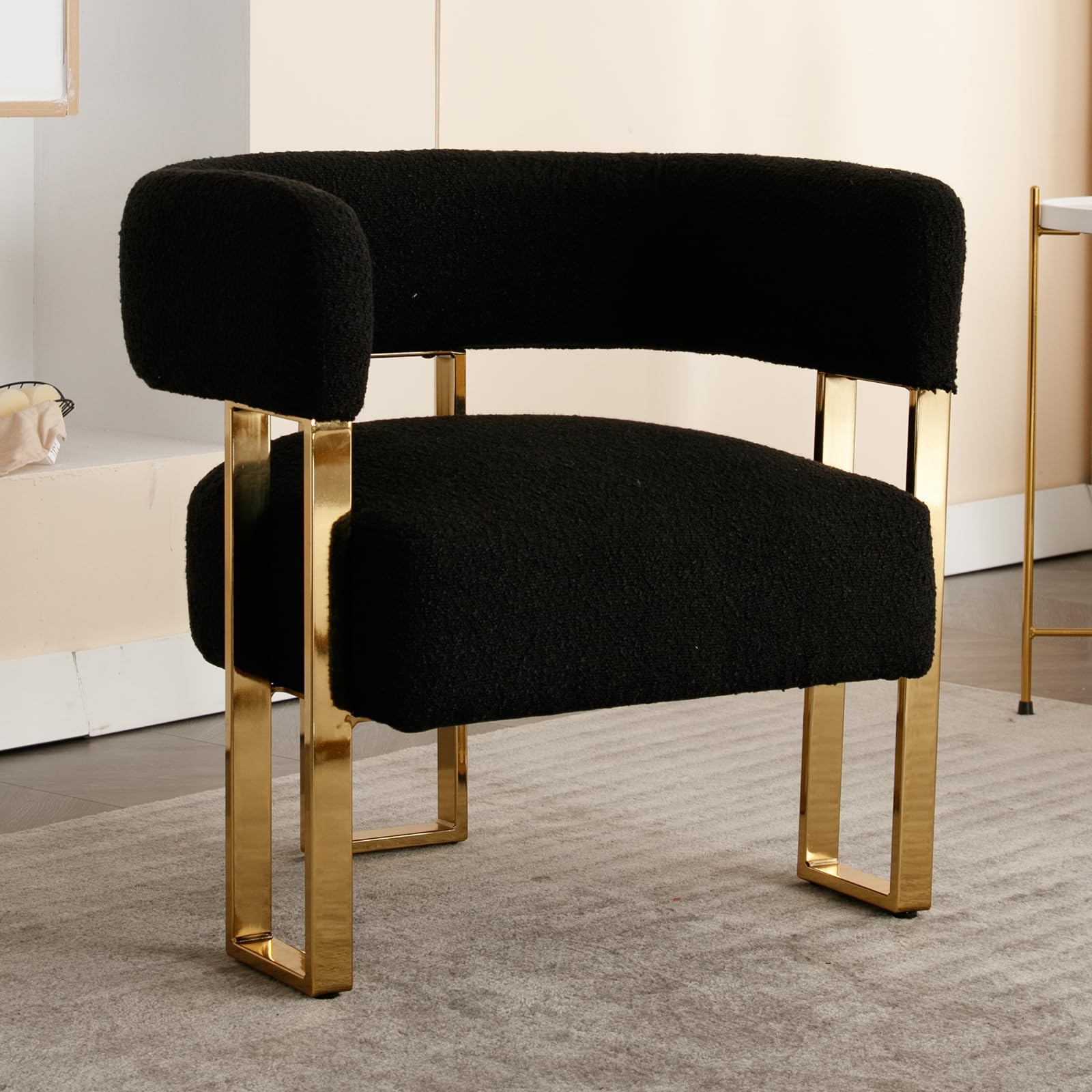 Modern Barrel Accent Chair, Boucle Fabric Living Room Chair with Gold Metal Legs, Comfy Upholstered Single Sofa Armchair Side Chair for Lounge/Bedroom/Reading, Black